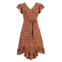 À la mode Slim Fit col en V à volants à manches courtes imprimé léopard robe imprimée irrégulière asymétrique robe balançoire femmes vêtements populaires