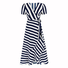 Modieuze slim fit elegante gestreepte grote swingjurk zomer dameskleding onregelmatige asymmetrische jurk