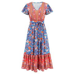 Robe longue à imprimé floral et manches volantées à col en V pour femmes Vêtements d'été