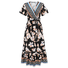 Zomer retro exotische bedrukte jurk Boheemse kustvakantie strandjurk