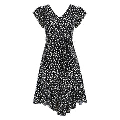 À la mode Slim Fit col en V à volants à manches courtes imprimé léopard robe imprimée irrégulière asymétrique robe balançoire femmes vêtements populaires