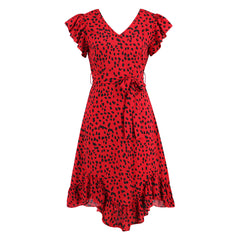 Modieuze slim fit V-hals gegolfde korte mouw luipaardprint bedrukte jurk onregelmatige asymmetrische swingjurk dameskleding populair