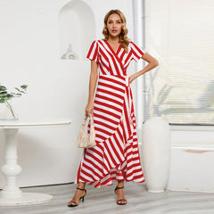 Modieuze slim fit elegante gestreepte grote swingjurk zomer dameskleding onregelmatige asymmetrische jurk