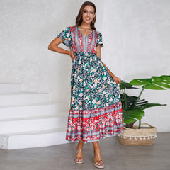 Robe longue à imprimé floral et manches volantées à col en V pour femmes Vêtements d'été